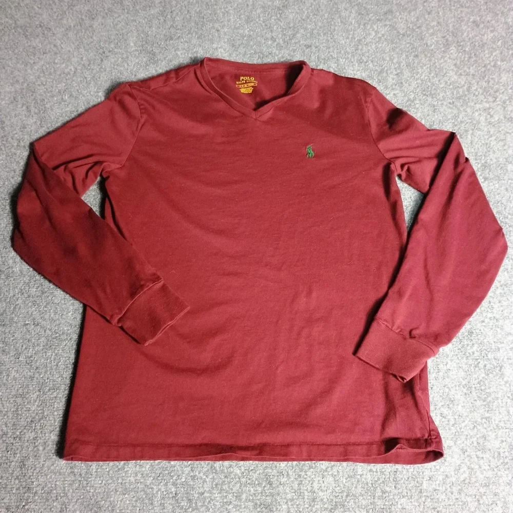 Polo Ralph Lauren Mens Small V-Neck Long Sleeve Shirt Maroon Red Pony Logo